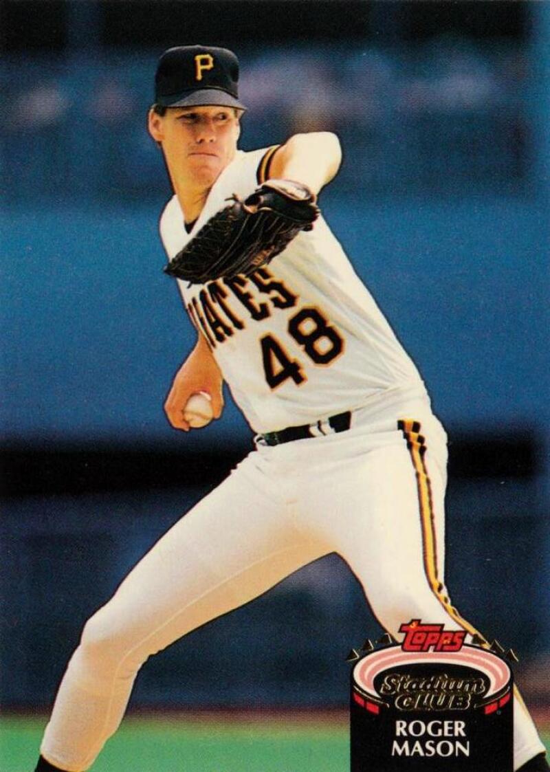 Pittsburgh Pirates pitcher Roger Mason delivering a pitch in Topps Stadium Club card