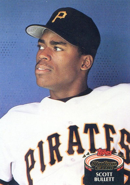 Baseball player in Pittsburgh Pirates uniform on 1992 Topps Scott Bullett Rookie Card