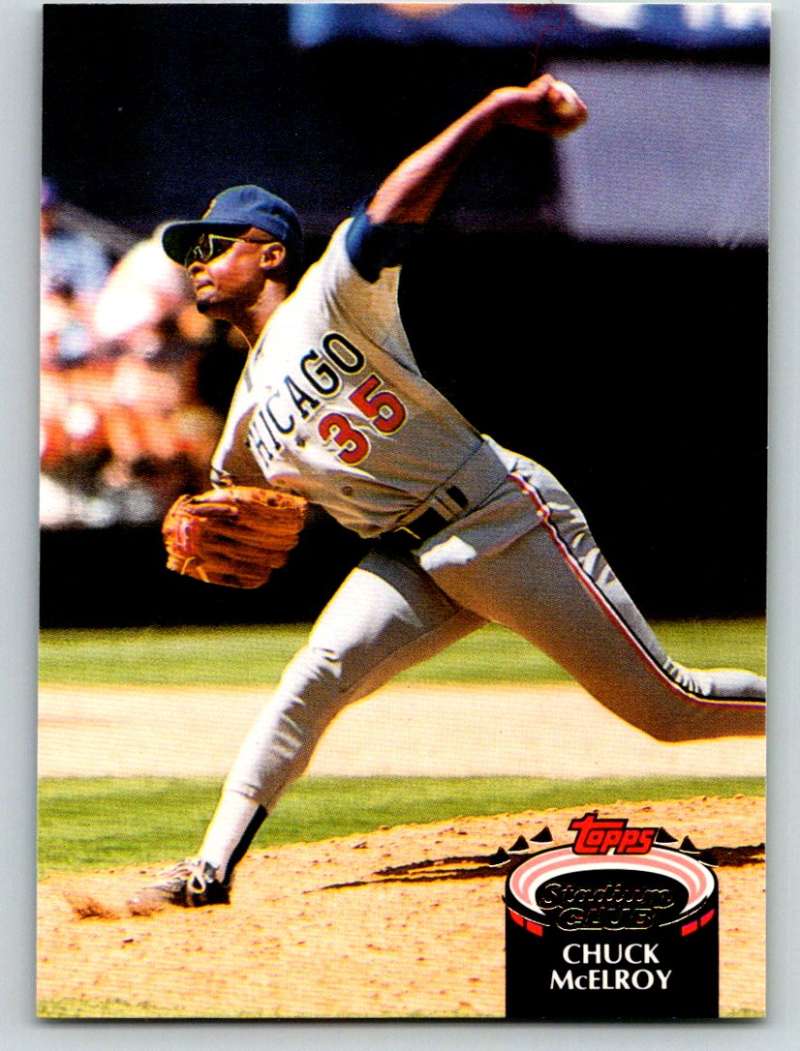 Chuck McElroy delivering a pitch in Chicago White Sox uniform, Topps Stadium Club card