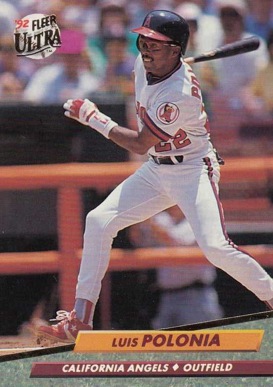 Luis Polonia mid-swing in white uniform on 1992 Fleer Ultra California Angels Baseball Card