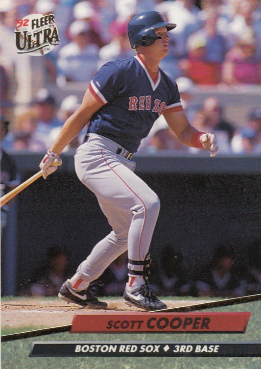 Baseball card of Scott Cooper in gray away uniform for Boston Red Sox