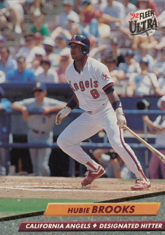 Hubie Brooks swinging a bat in California Angels uniform on Fleer Ultra baseball card