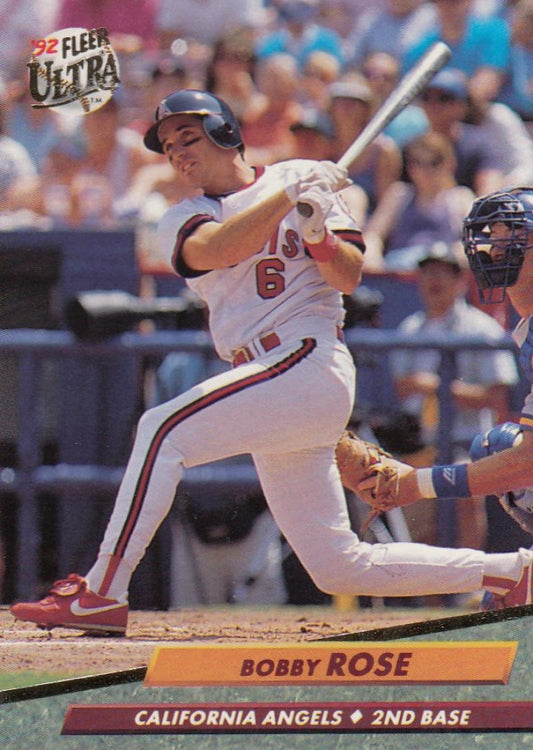 Bobby Rose California Angels baseball card showing player swinging bat in game action