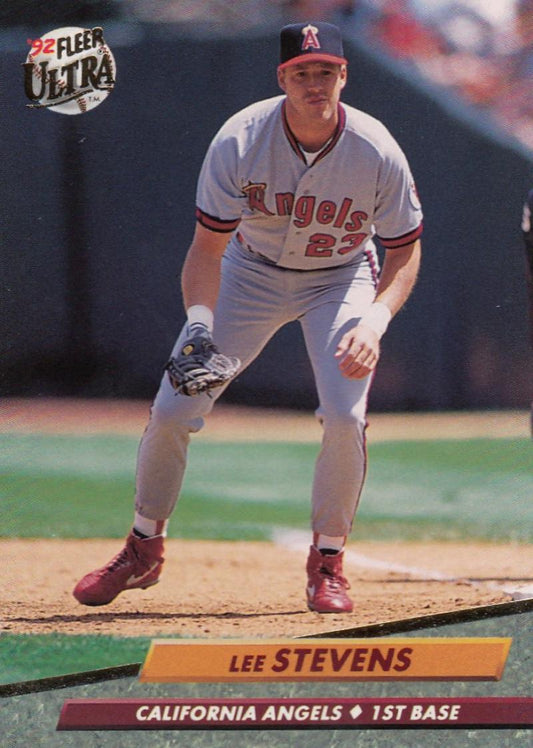 Lee Stevens in California Angels uniform fielding at first base, Fleer Ultra card image