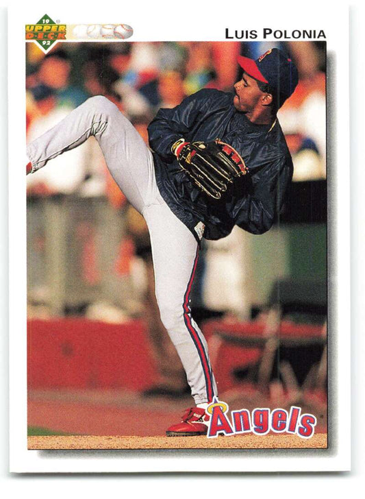 Luis Polonia in Angels uniform mid-pitch, featured in Upper Deck baseball card