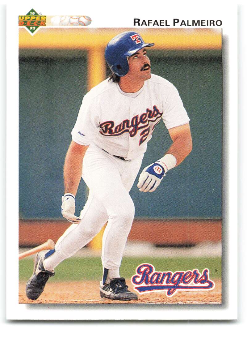 Texas Rangers 1992 Upper Deck #223 Rafael Palmeiro baseball card in white uniform