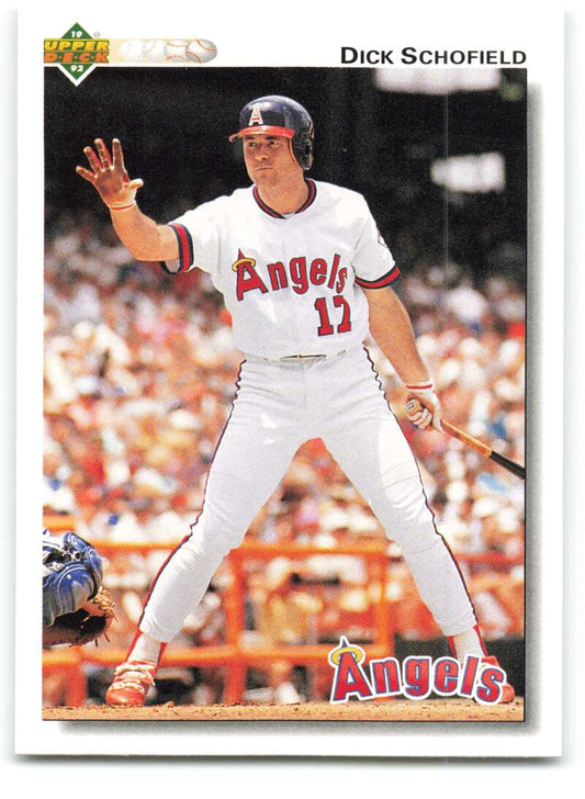 Dick Schofield in white home uniform batting on 1992 Upper Deck baseball card