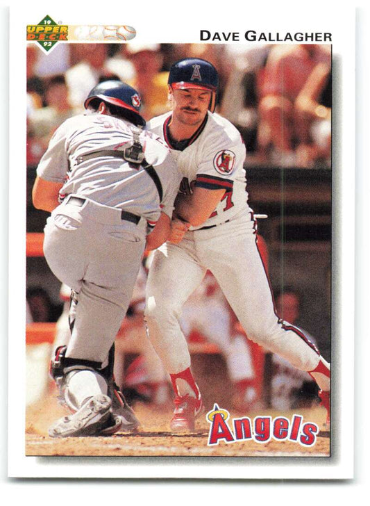 Baseball card featuring a collision at home plate with Dave Gallagher of California Angels