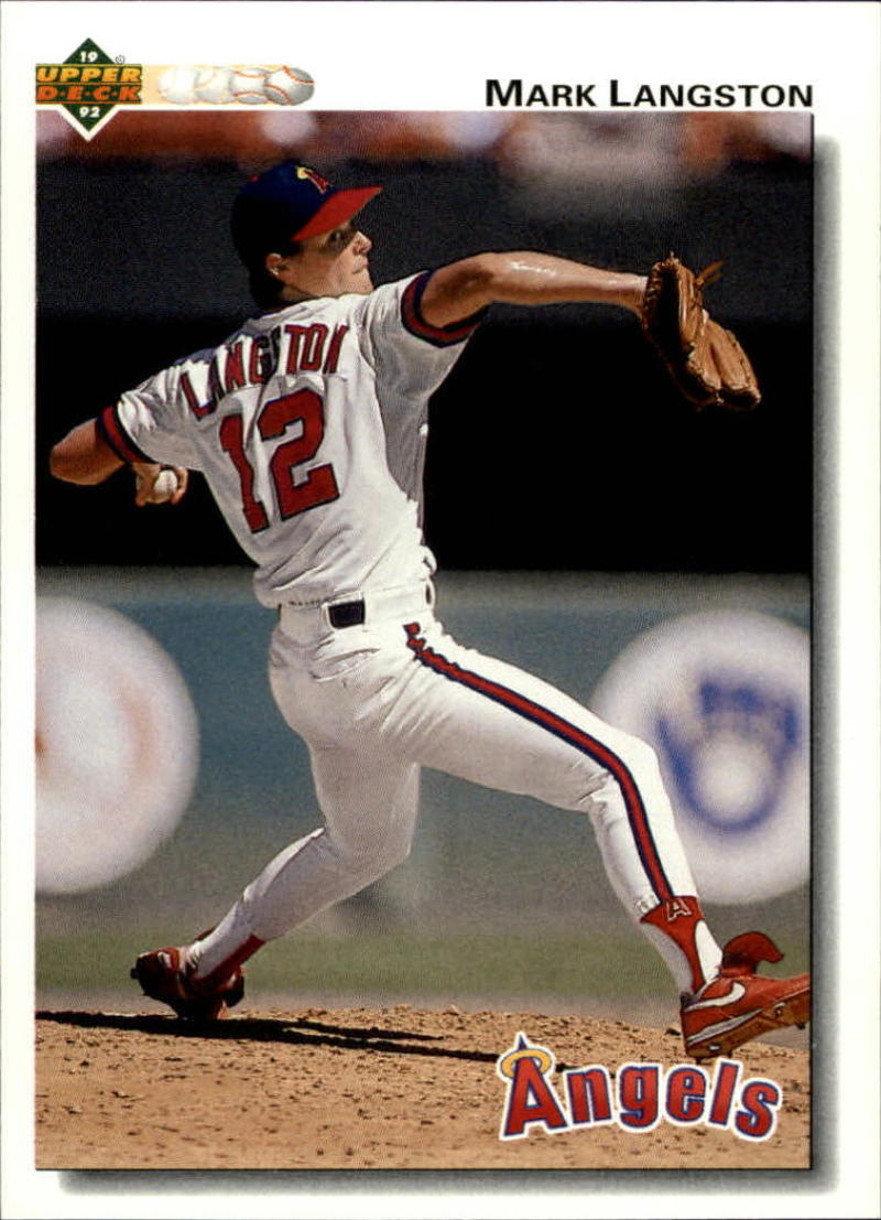 Mark Langston delivering pitch on mound in Angels uniform for Upper Deck baseball card