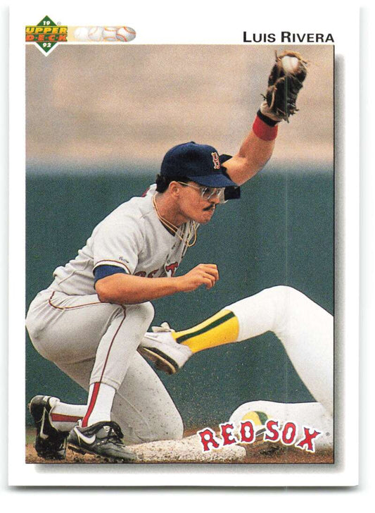 Red Sox baseball card of Luis Rivera making a defensive play for Boston Red Sox