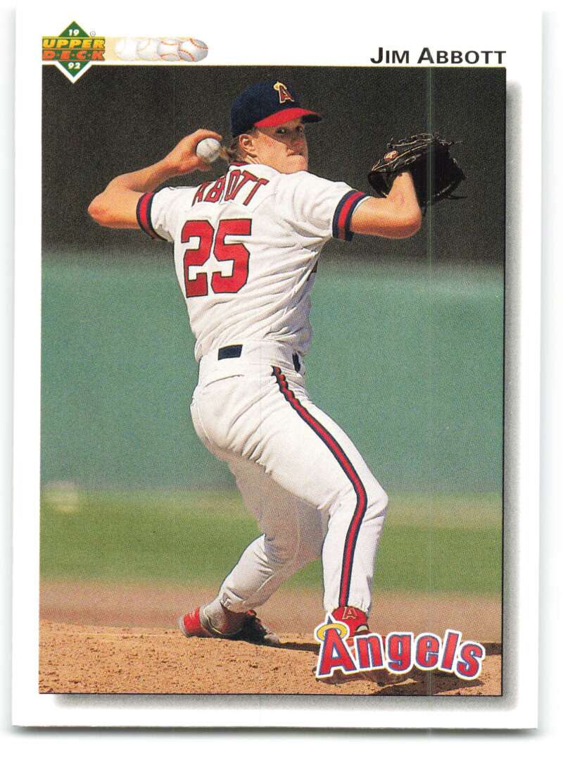 Jim Abbott pitching in white California Angels uniform #25 on 1992 Upper Deck card