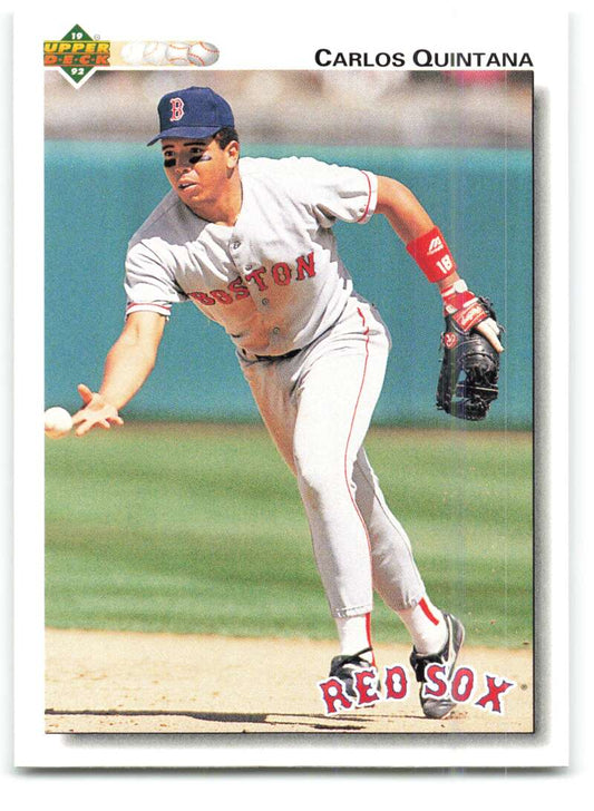 Red Sox player Carlos Quintana in white uniform on 1992 Upper Deck baseball trading card