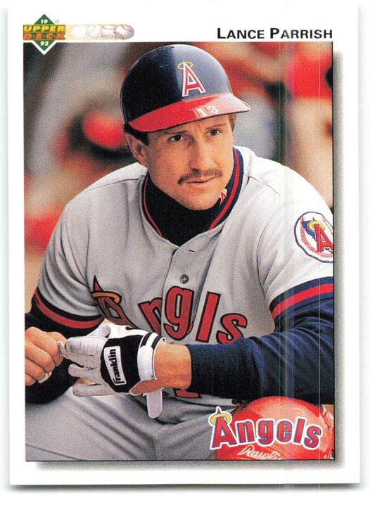 Baseball card of Lance Parrish in gray California Angels uniform from Upper Deck