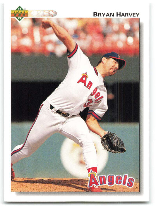 Baseball card of Bryan Harvey pitching for California Angels in Upper Deck design