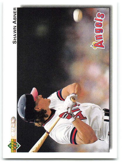 Shawn Abner swinging a bat in Angels uniform on 1992 Upper Deck baseball card