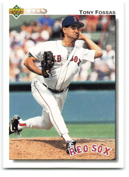 Red Sox pitcher Tony Fossas in mid-throwing motion on 1992 Upper Deck baseball card