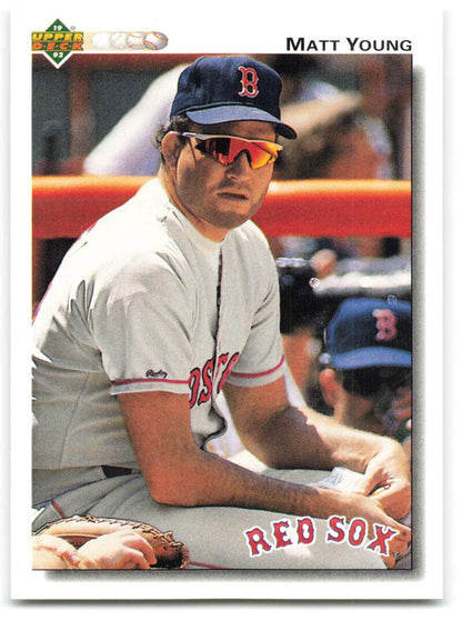 Boston Red Sox player Matt Young in sunglasses on 1992 Upper Deck baseball card