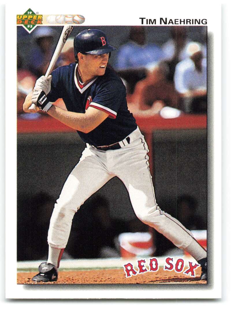 Baseball card of Tim Naehring in Red Sox jersey from Upper Deck 1992 collection