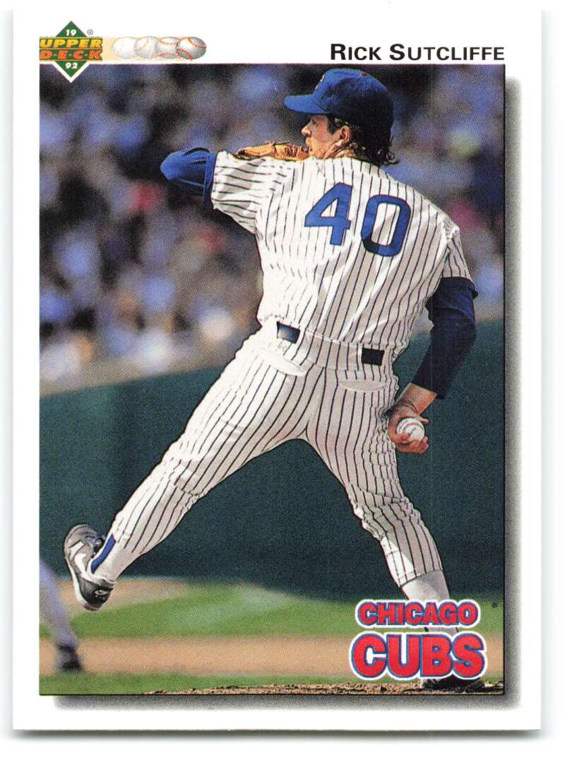 Rick Sutcliffe mid-pitch in Chicago Cubs uniform #40 on a baseball card