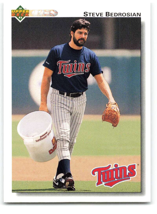 Steve Bedrosian Minnesota Twins baseball card in navy uniform with pinstriped pants