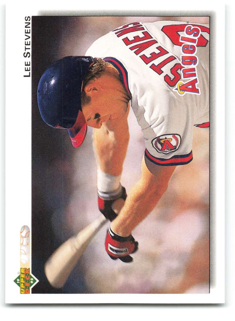 Lee Stevens swinging a bat in California Angels uniform on baseball card