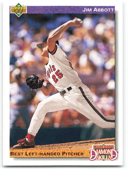 Jim Abbott pitching for the California Angels in a 1992 Upper Deck baseball card