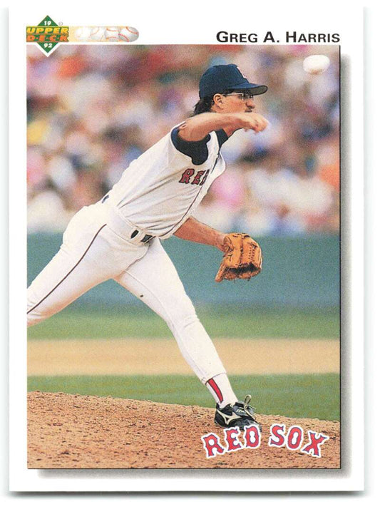 Red Sox pitcher Greg Harris delivering a pitch on a 1992 Upper Deck baseball card