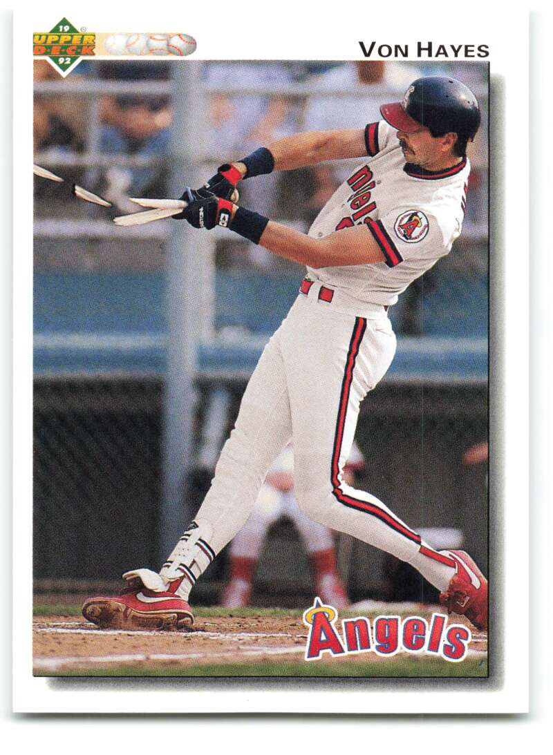 California Angels baseball card of Von Hayes swinging in a white and red uniform