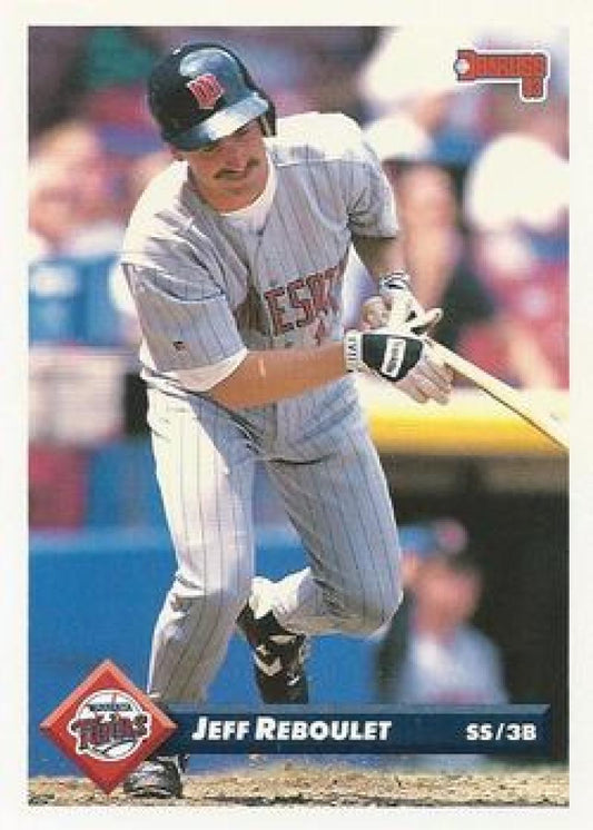 Jeff Reboulet swinging a bat on a Minnesota Twins baseball card from 1993 Donruss