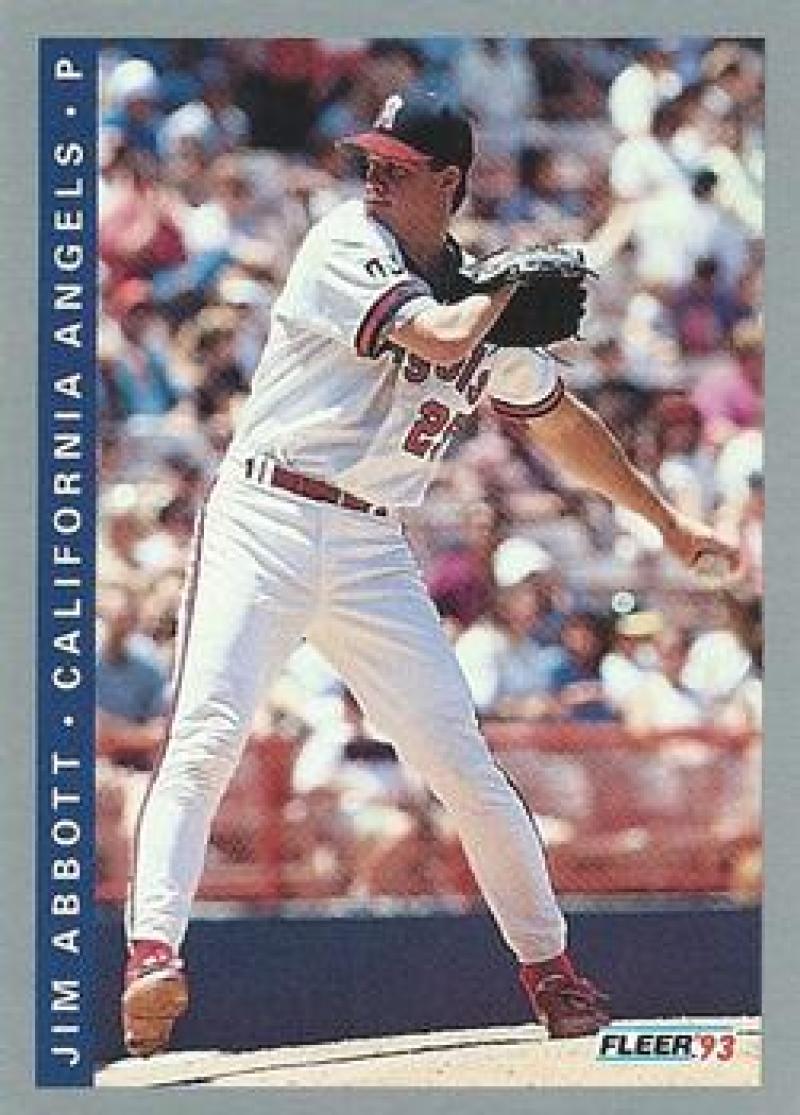 Jim Abbott mid-delivery California Angels baseball card from 1993 Fleer #187