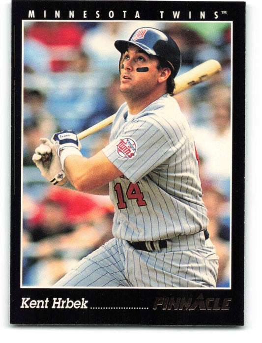 Baseball card of Kent Hrbek in pinstriped uniform for Minnesota Twins at bat