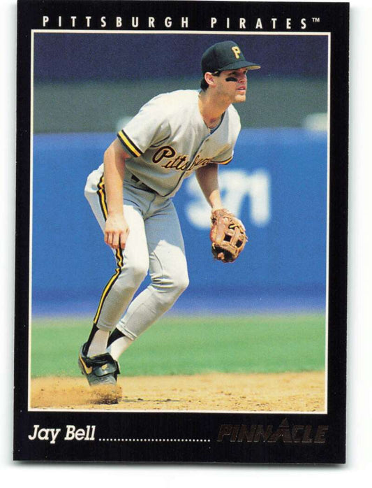 Baseball card of Jay Bell, Pittsburgh Pirates infielder in fielding stance