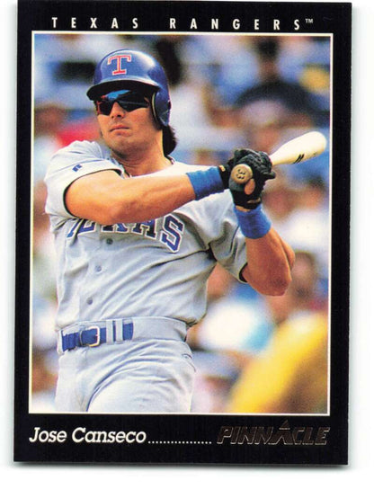 Texas Rangers Baseball Card featuring Jose Canseco in a gray uniform at bat