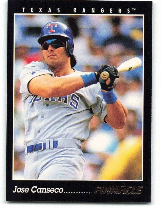 Texas Rangers Baseball Card featuring Jose Canseco in a gray uniform at bat