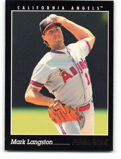 California Angels baseball card of Mark Langston in mid-throw wearing gray uniform