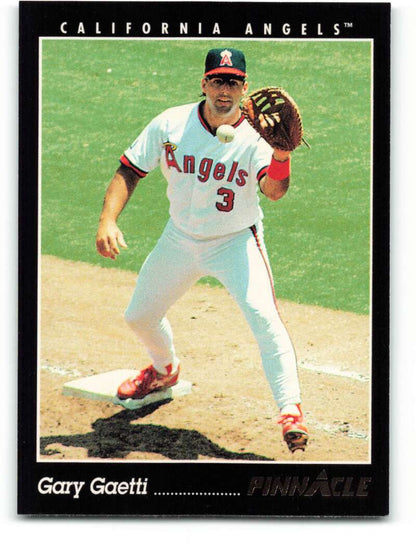 Gary Gaetti in white California Angels uniform #3 holding a glove baseball card