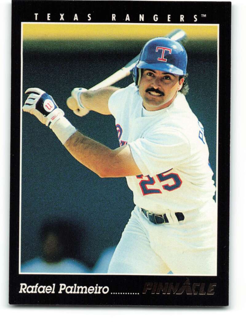 Rafael Palmeiro in a Texas Rangers uniform at bat on a baseball card