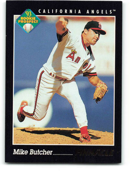 1993 Pinnacle #262 Mike Butcher California Angels Baseball Card featuring pitcher in action