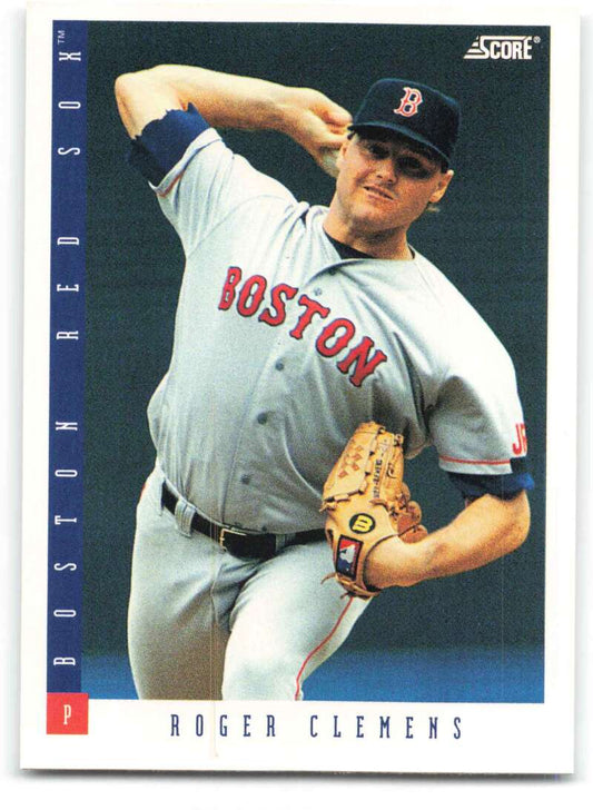 Baseball card of Roger Clemens pitching in gray road uniform for Boston Red Sox