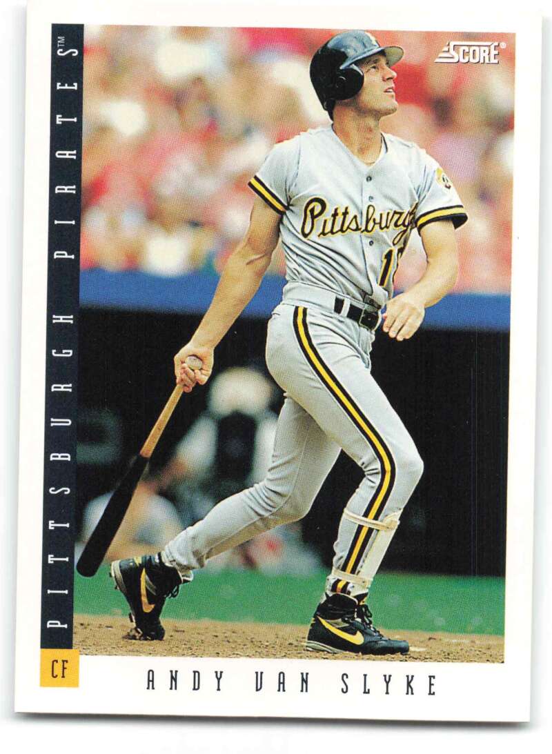 Andy Van Slyke batting in gray uniform on 1993 Score baseball card for Pittsburgh Pirates