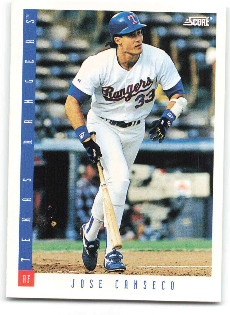 Baseball card of Jose Canseco in Texas Rangers uniform running to first base