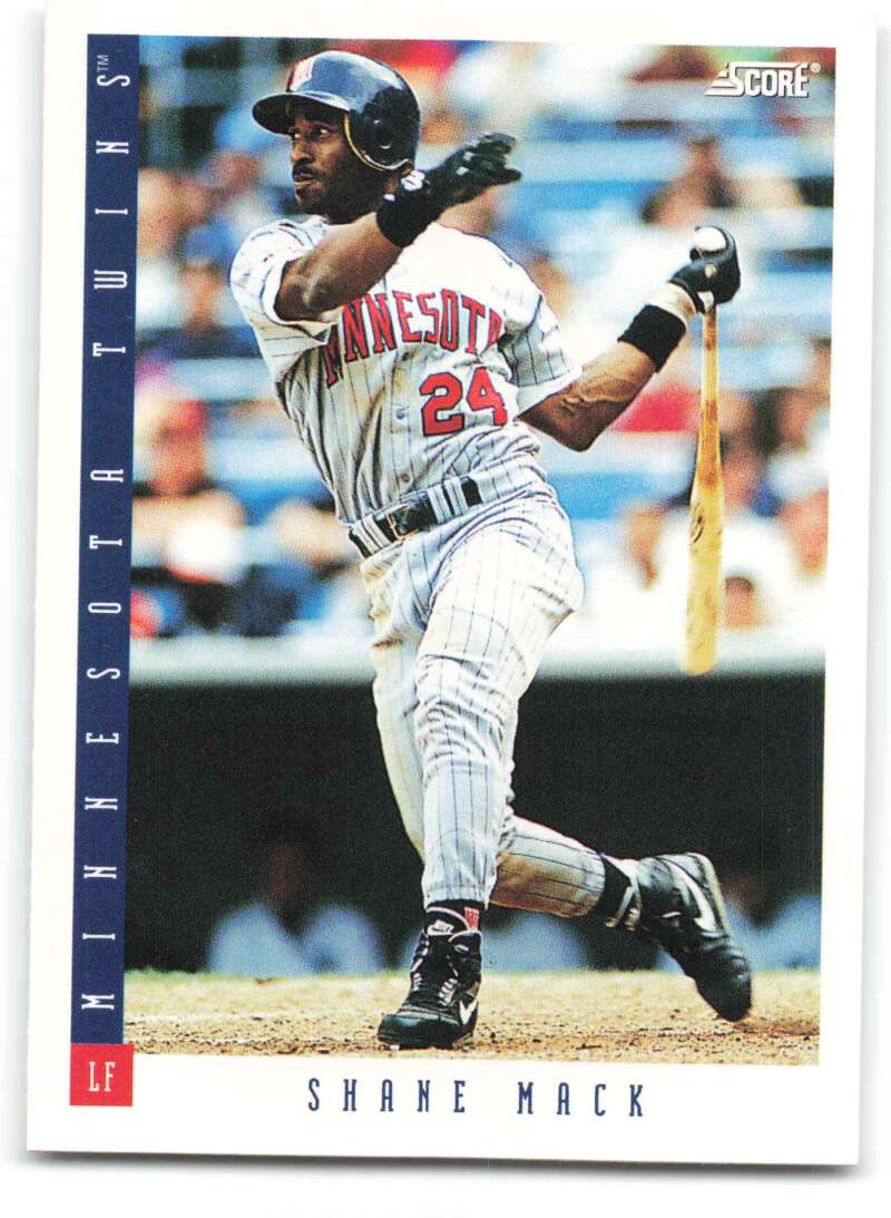 Shane Mack swinging bat in Minnesota Twins pinstriped uniform baseball card