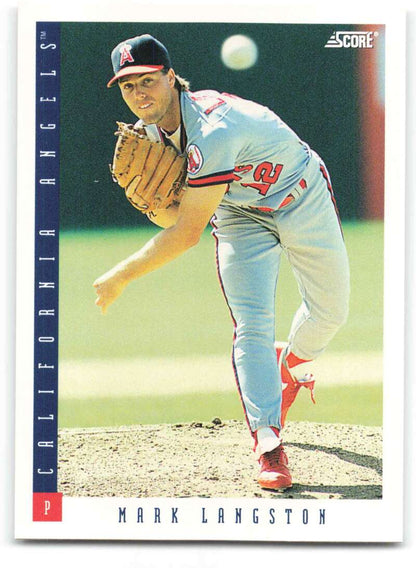 Mark Langston California Angels pitcher baseball card in mid-delivery with red accents