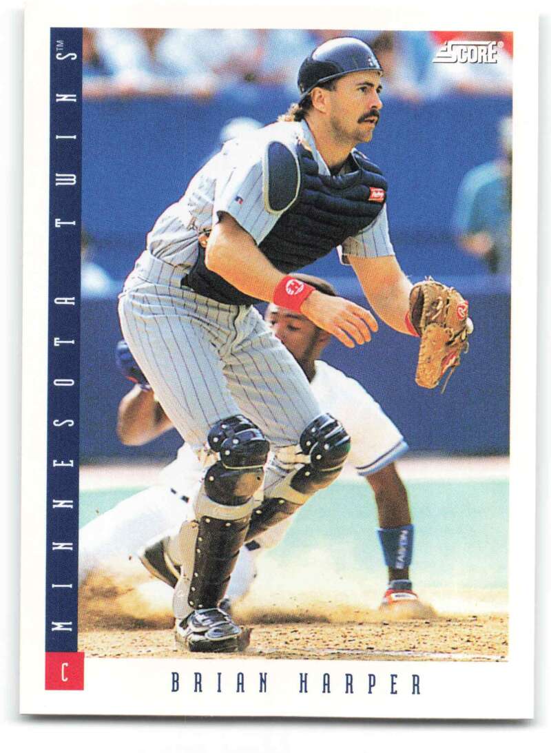 Baseball card of Brian Harper in a defensive stance for Minnesota Twins with pinstripes