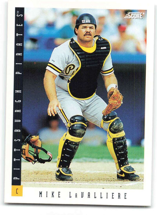 Mike LaValliere crouched in black and gold gear on 1993 Score Pittsburgh Pirates Baseball Card