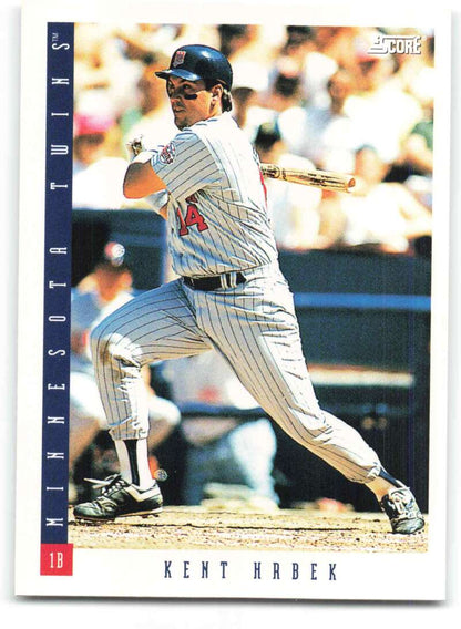 Kent Hrbek at bat in pinstriped uniform on 1993 Score Minnesota Twins baseball card