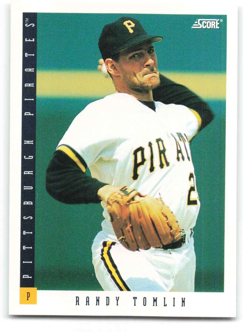 1993 Score Randy Tomlin baseball card featuring Pittsburgh Pirates pitcher in home uniform