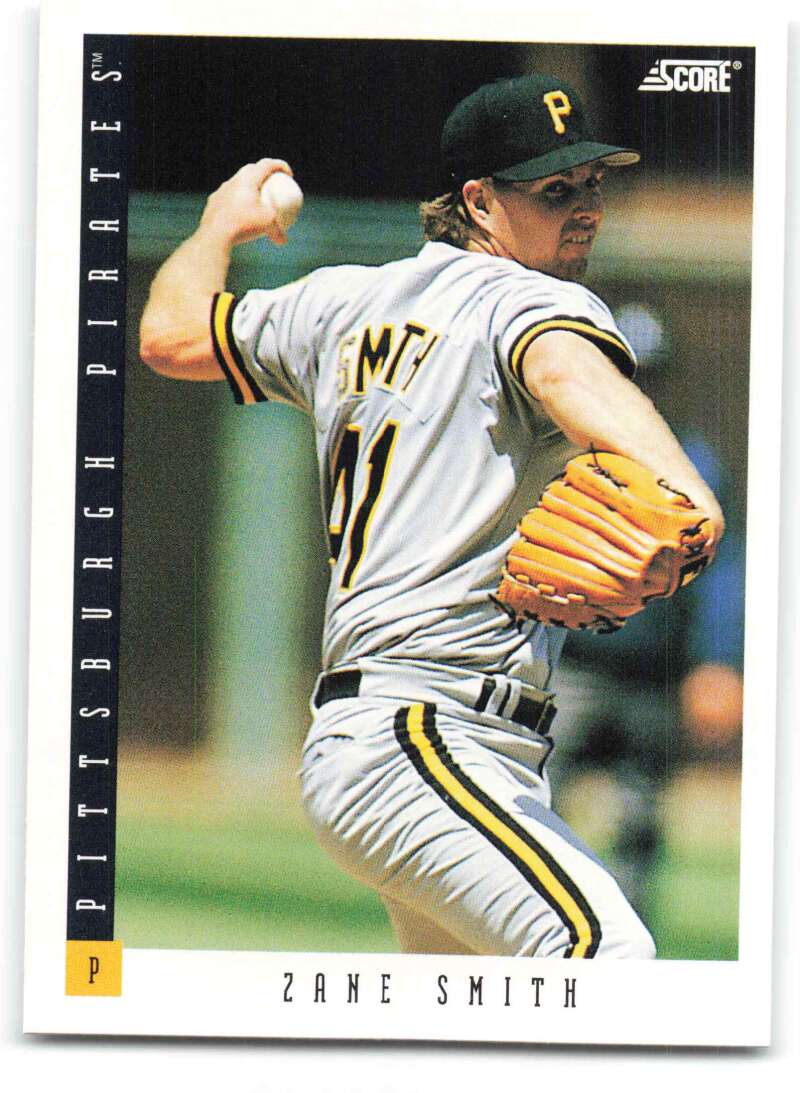 Pittsburgh Pirates Zane Smith baseball card showing pitcher in gray uniform throwing