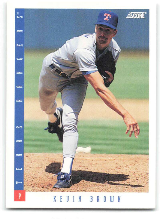 Kevin Brown mid-delivery on a Texas Rangers baseball card from 1993 Score #146