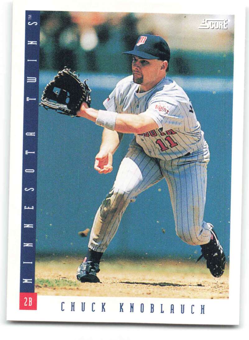 Baseball card of Chuck Knoblauch fielding for the Minnesota Twins in pinstripes